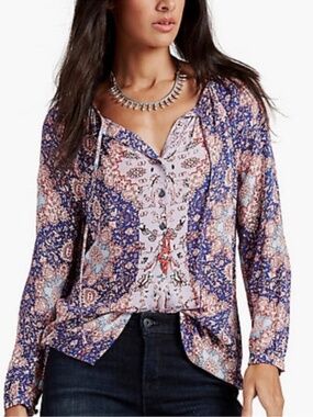 Lucky Brand Boho Floral Paneled Peasant Blouse Size Large